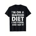 Seafood Diet Humor T-Shirt, 100% Cotton Crew Neck Casual Tee, Short Sleeve Printed Top, Slight Stretch Knit Fabric, Regular Fit for Adults, All-Season Comfort - Black Made in USA