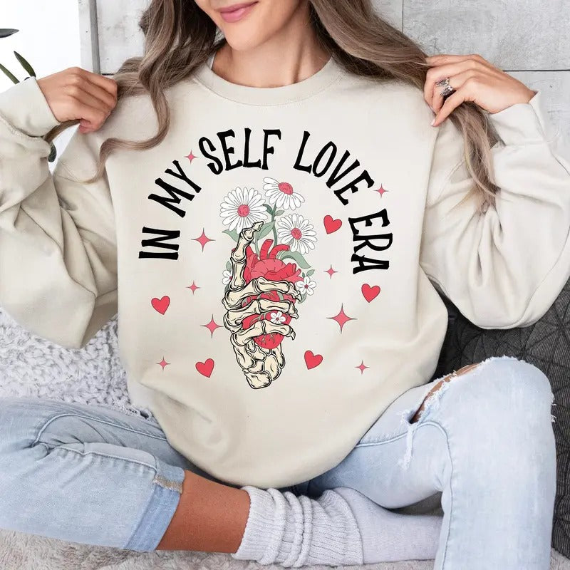 Self Love Era T-Shirt, Retro Valentine's Day Sweatshirt, Skeleton V-Day Crewneck, Groovy Trendy Valentine Clothing Hoodie