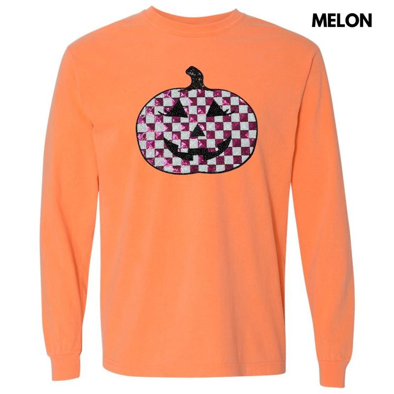 Sequin Checkered Pink Pumpkin Patch Long Sleeve Comfort Colors T-Shirt Hoodie, Sweatshirt | CiraTrend.com