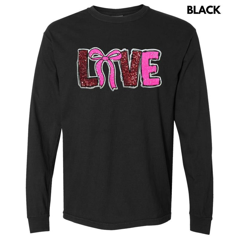Sequin Love Bow Patch Long Sleeve Comfort Colors T-Shirt Hoodie, Sweatshirt | CiraTrend.com