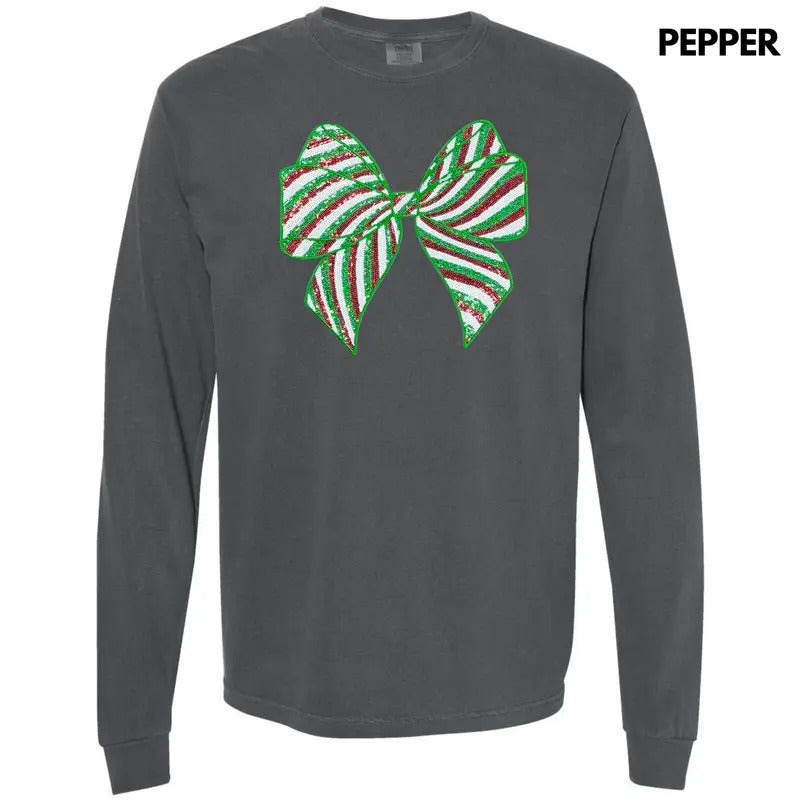 Sequin Red & Green Bow Patch Long Sleeve Comfort Colors T-Shirt Hoodie, Sweatshirt | CiraTrend.com