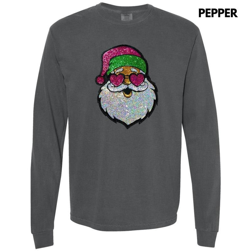 Sequin Santa Heart Eyes Patch Long Sleeve Comfort Colors T-Shirt Hoodie, Sweatshirt | CiraTrend.com