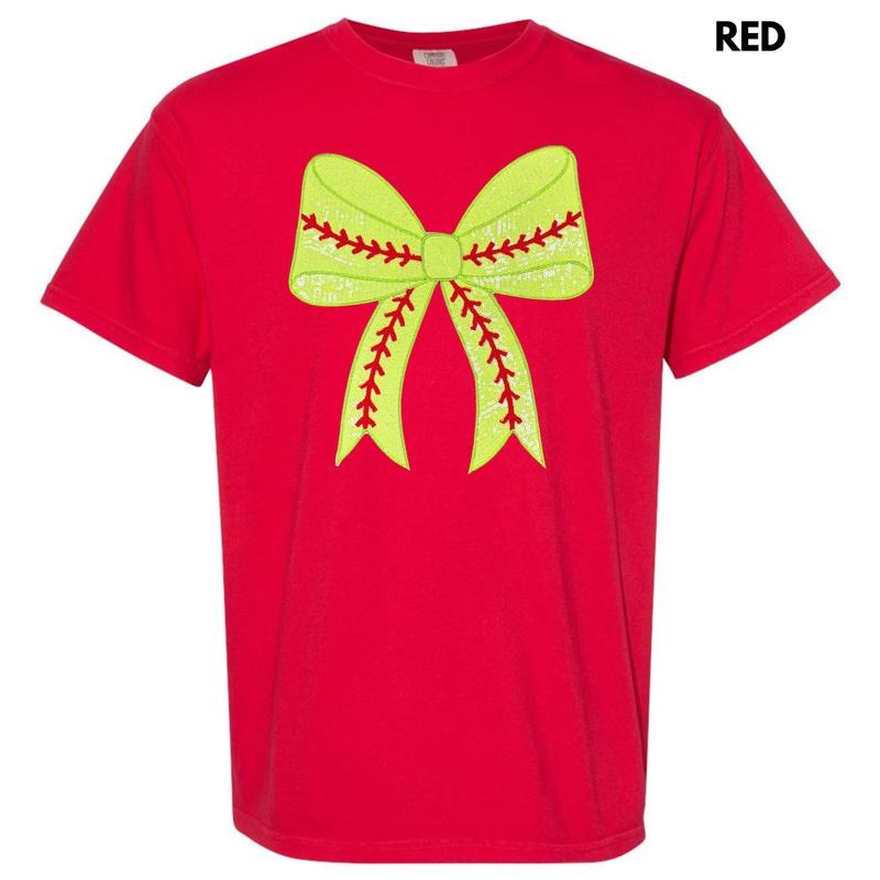 Sequin Softball Bow Patch Comfort Colors T-Shirt Hoodie, Sweatshirt | CiraTrend.com