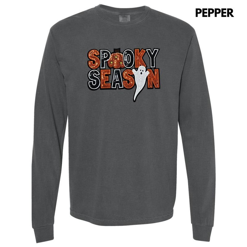 Sequin Spooky Season Patch Long Sleeve Comfort Colors T-Shirt Hoodie, Sweatshirt | CiraTrend.com