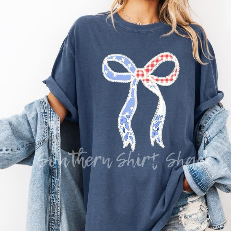 Shabby Chic Patriotic Bow t shirt  | Denim comfort colors t shirt | 4th of July T shirt Hoodie, Sweatshirt | CiraTrend.com