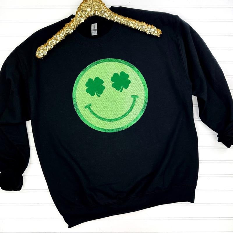 Shamrock Happy Face Patch Sweatshirt -- BLACK T-Shirts, Hoodie | CiraTrend.com
