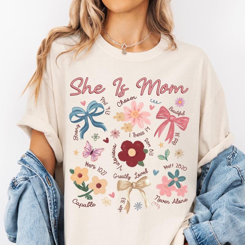 She Is Mom Shirt, Boho Floral Mama Sweatshirt, Mother's Day 2025 Gift, Christian Mama, Floral Spring, Bible Verse Shirt,...