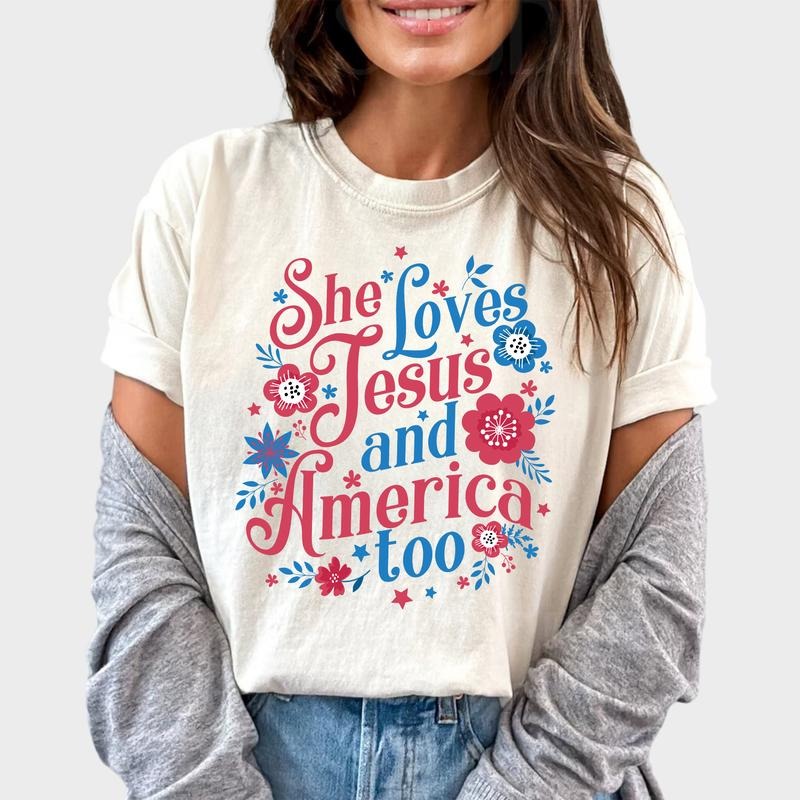 She Loves Jesus and America Too Shirt, Patriotic Graphic Printed Tee, Independence Day Shirt, 4th Of July Unisex Tee, Freedom Comfy Fabric Graphic Tee, Comfy Oversized Graphic Tee, Women's Tops, Cotton Fabric Relaxed Fit Chic Style