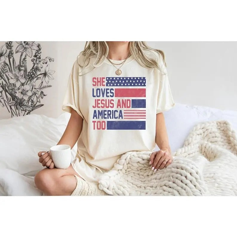 She Loves Jesus and America Too T Shirt, Spiritual Women Tee, Religious 4th of July Shirt, Christian Fourth of July Gift, Love Like Jesus  T-shirt, sweater and Hoodie