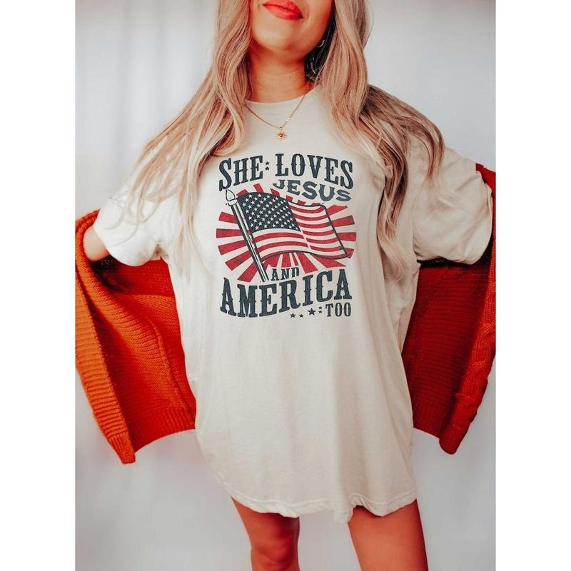 She Loves Jesus and America Too, Cute Patriotic Shirt, Graphic Tee, Graphic Sweatshirt, 4th of July Shirt, Cute Fourth of July  T-shirt, sweater and Hoodie