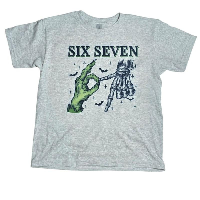 Six Seven Halloween Spooky Graphic Tee with Green Hand and Skeleton Design for Festive Wear Hoodie, Sweatshirt