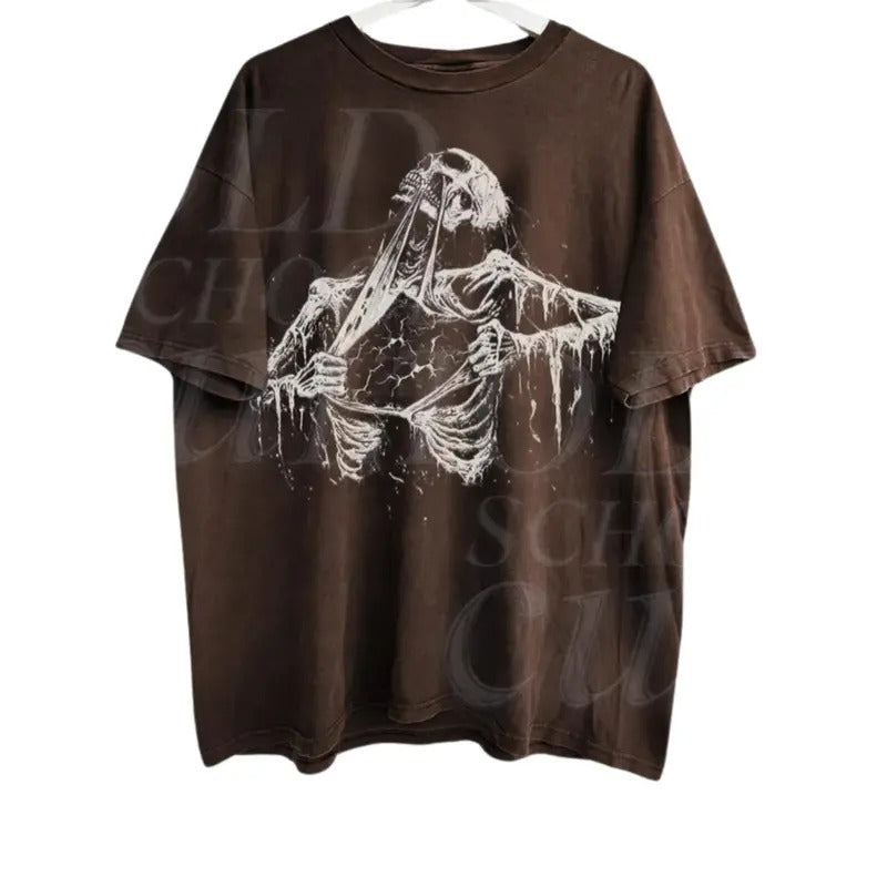 Skeleton Ripping Rib Cage Vintage 90s Graphic T-Shirt, Dark Art Horror Shirt, Retro GrungeTee, 90s Skull Shirt, Y2k Gothic Tee, Washed Shirt, Tee Menswear Top Underwear Streetwear