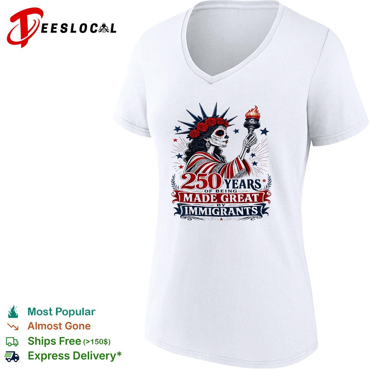 Skeleton Statue of Liberty holding torch made great by immigrants shirt