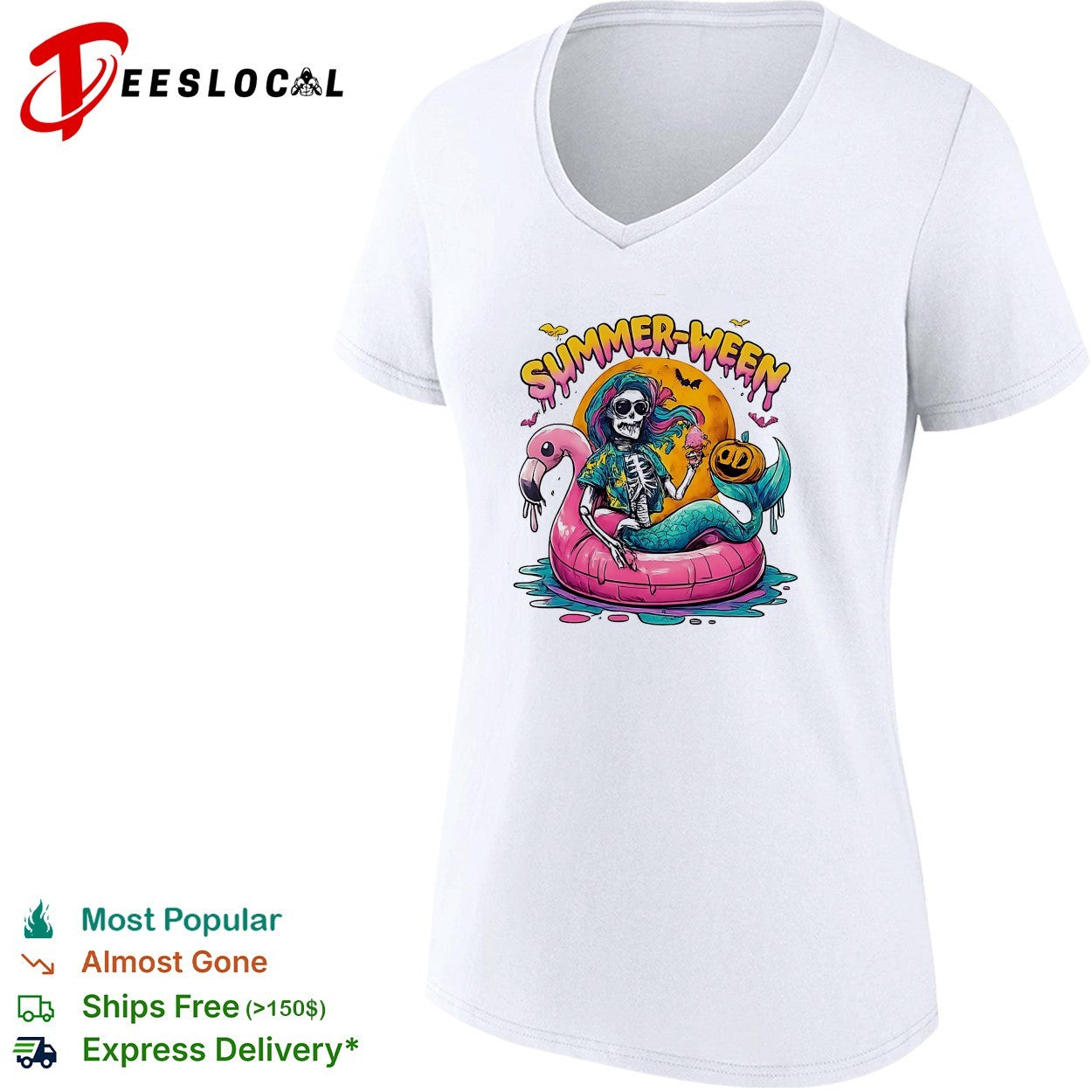 Skeleton riding pink flamingo float summerween shirt