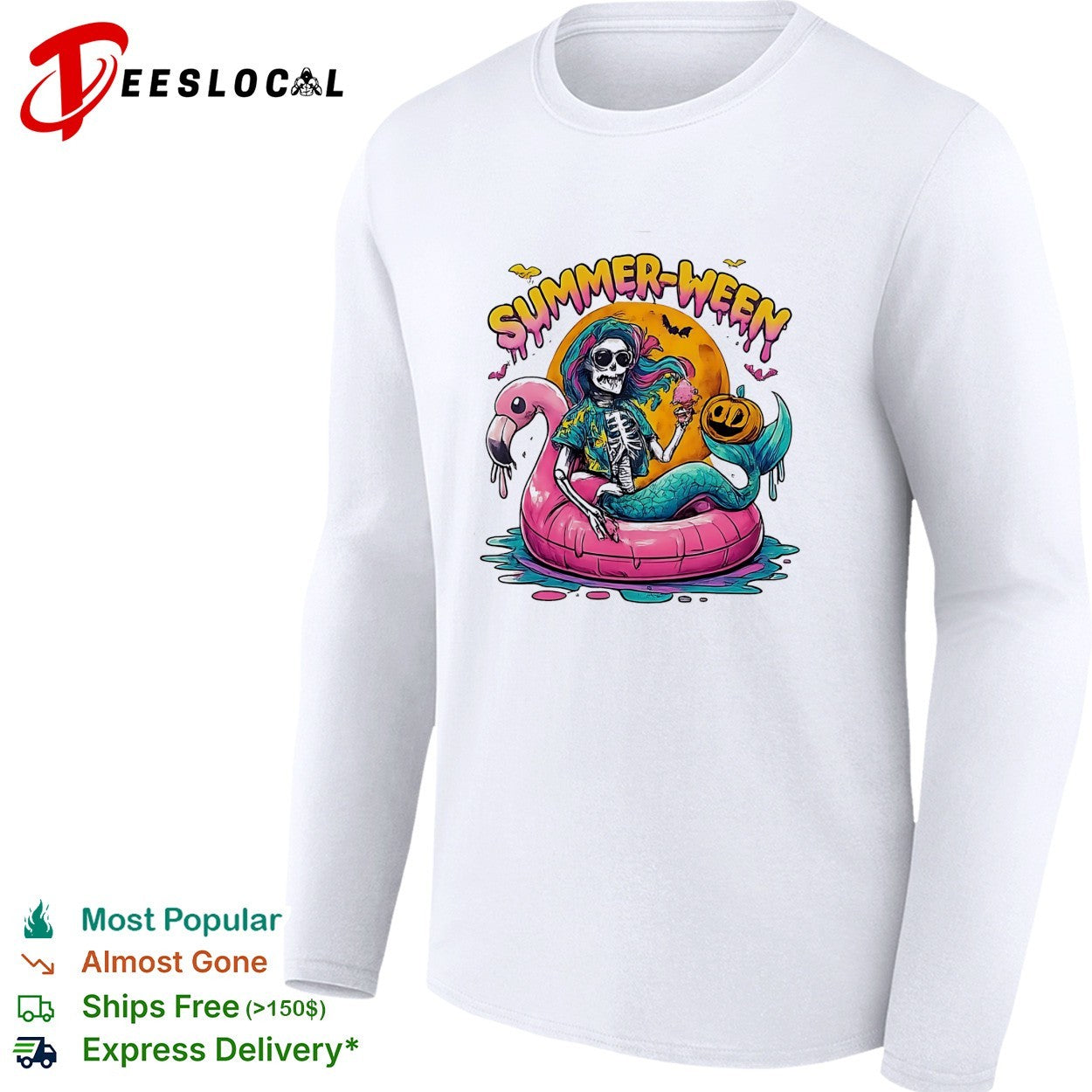 Skeleton riding pink flamingo float summerween shirt