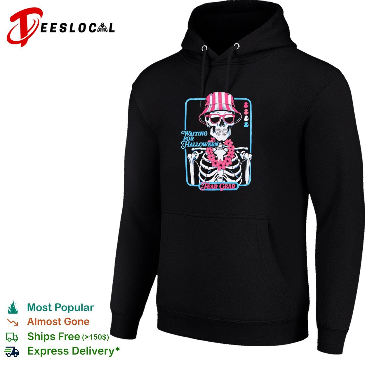 Skeleton wearing bucket hat and lei waiting for Halloween Fear Gear shirt