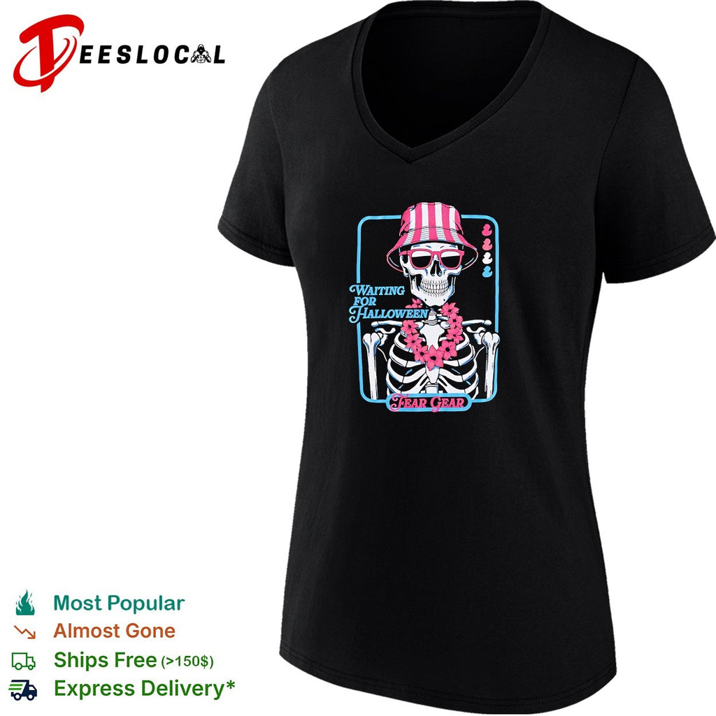 Skeleton wearing bucket hat and lei waiting for Halloween Fear Gear shirt