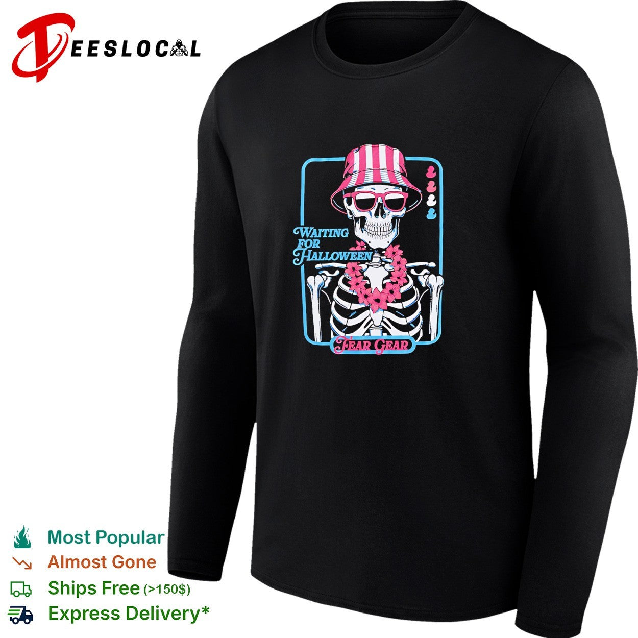 Skeleton wearing bucket hat and lei waiting for Halloween Fear Gear shirt