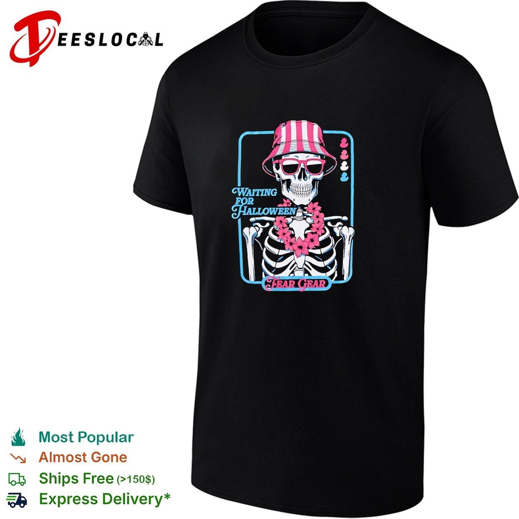 Skeleton wearing bucket hat and lei waiting for Halloween Fear Gear shirt