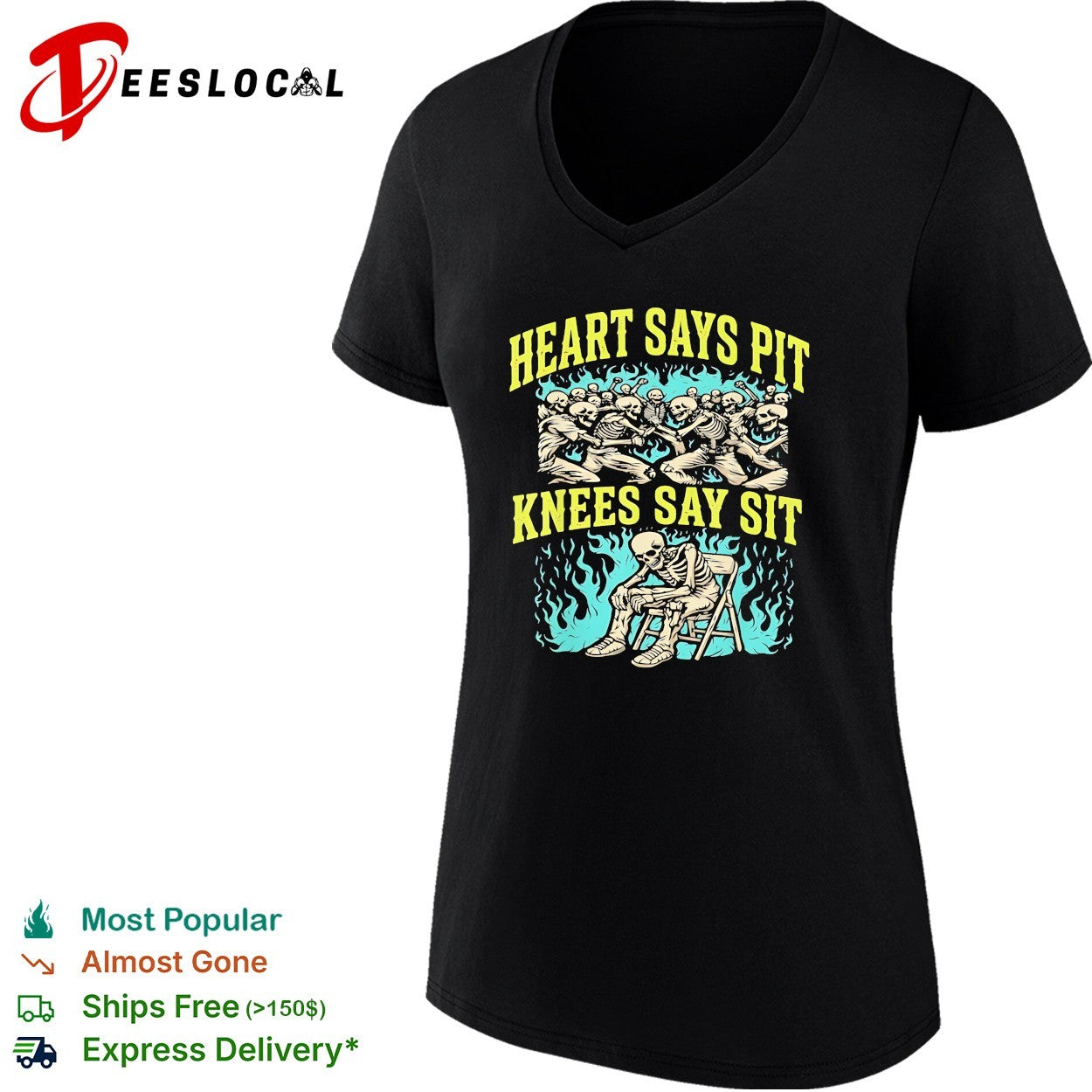 Skeletons moshing heart says pit knees say sit shirt