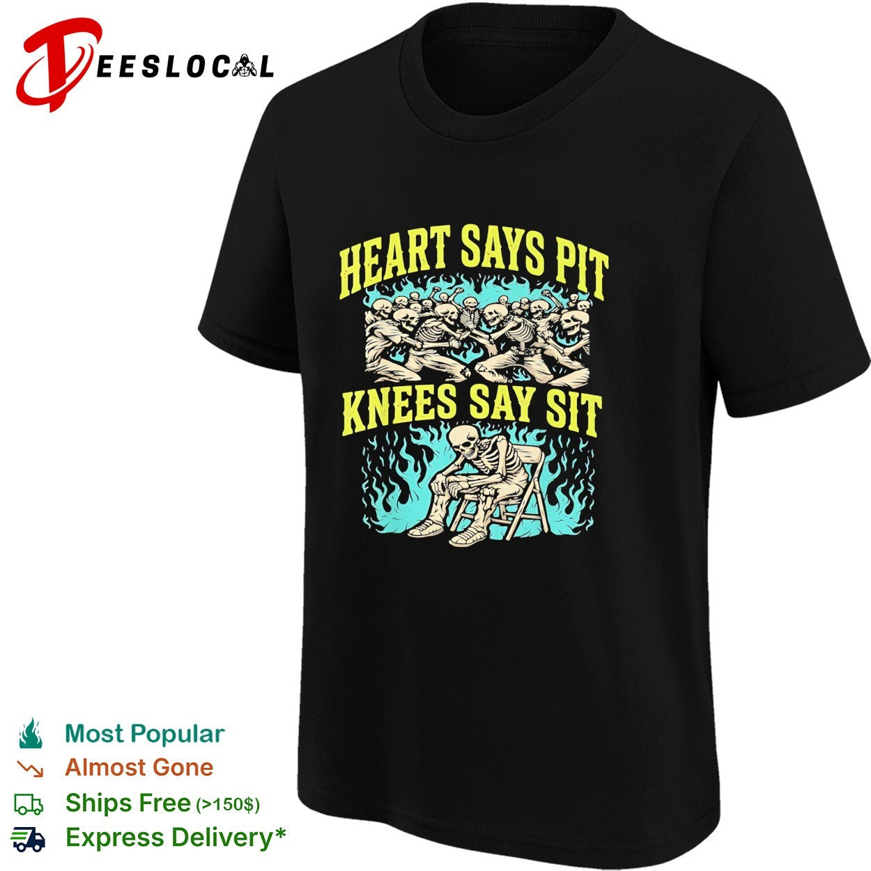 Skeletons moshing heart says pit knees say sit shirt