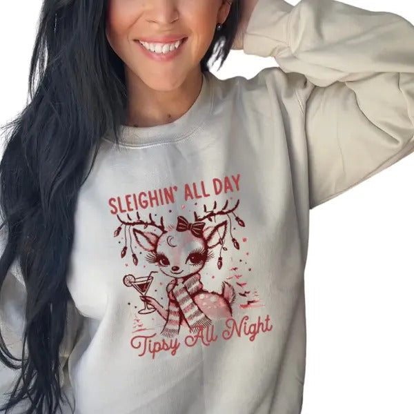 "Sleighing All Day, Tipsy All Night Christmas Reindeer Sweatshirt | Fun, Festive & Cozy Unisex Holiday Pullover | Unisex...
