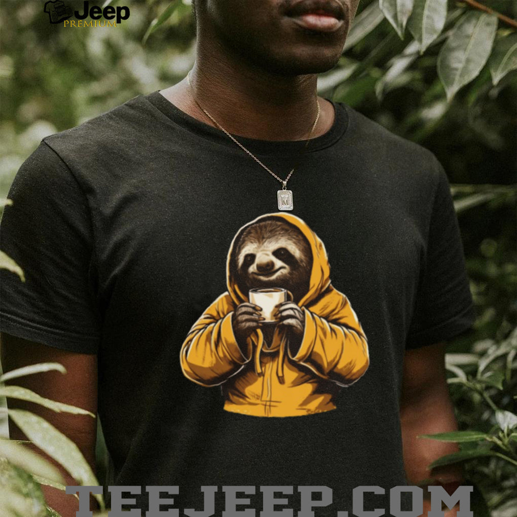 Sloth in Yellow Hoodie Drinking Coffee Slow Morning T Shirt