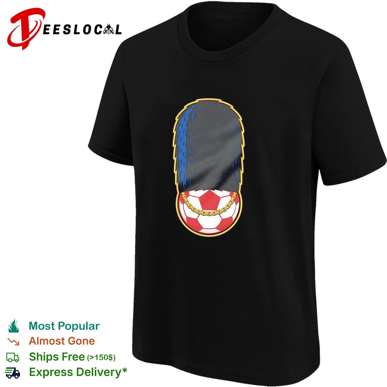 Soccer ball wearing British oyal guard and gold chain shirt