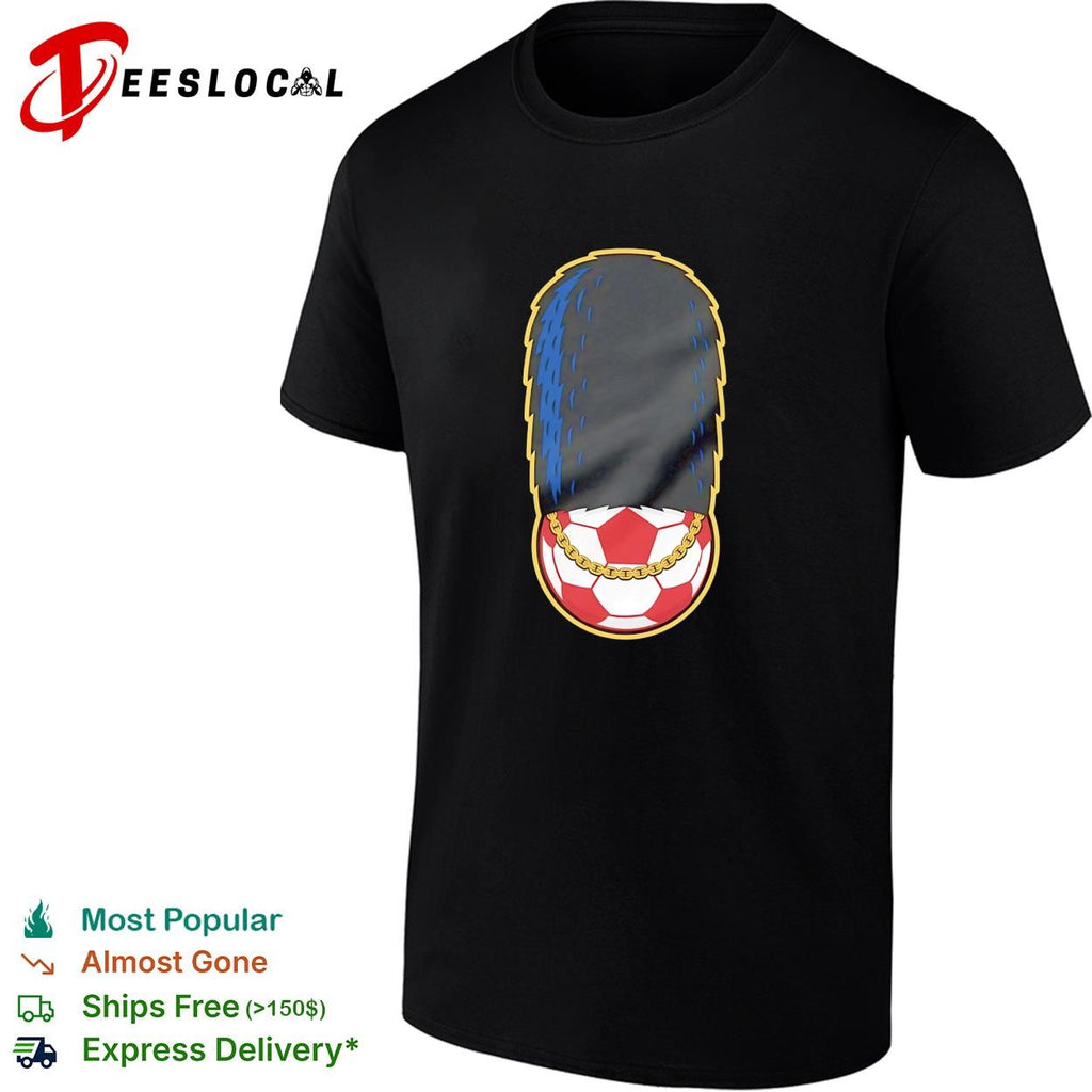Soccer ball wearing British oyal guard and gold chain shirt