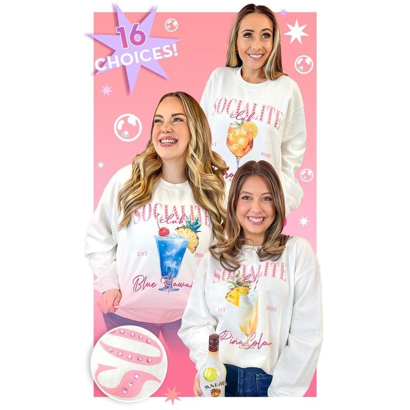 Socialite Drink Club Rhinestone Graphic Sweatshirt T-Shirts, Hoodie | CiraTrend.com