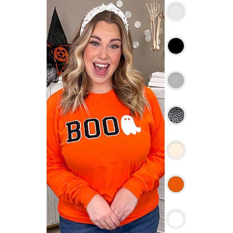 Soft Ideal Chenille Boo Graphic Long Sleeve T-Shirt Hoodie, Sweatshirt | CiraTrend.com