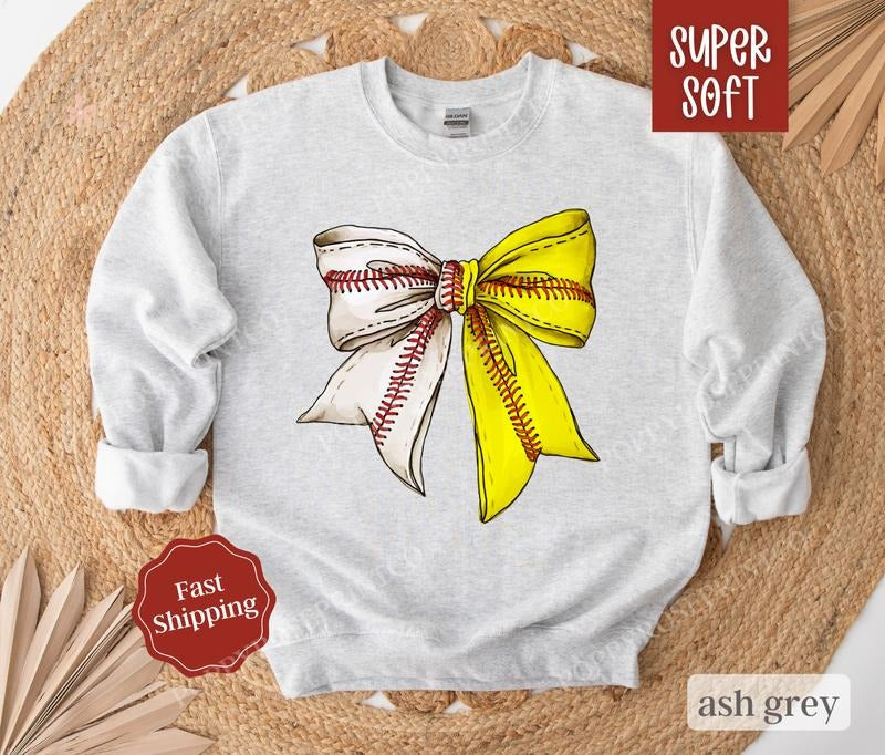 Softball And Baseball Bow Sweatshirt, Game Day Baseball Crewneck, Womens Sweatshirt, Fall Sweater T-Shirts, Hoodie