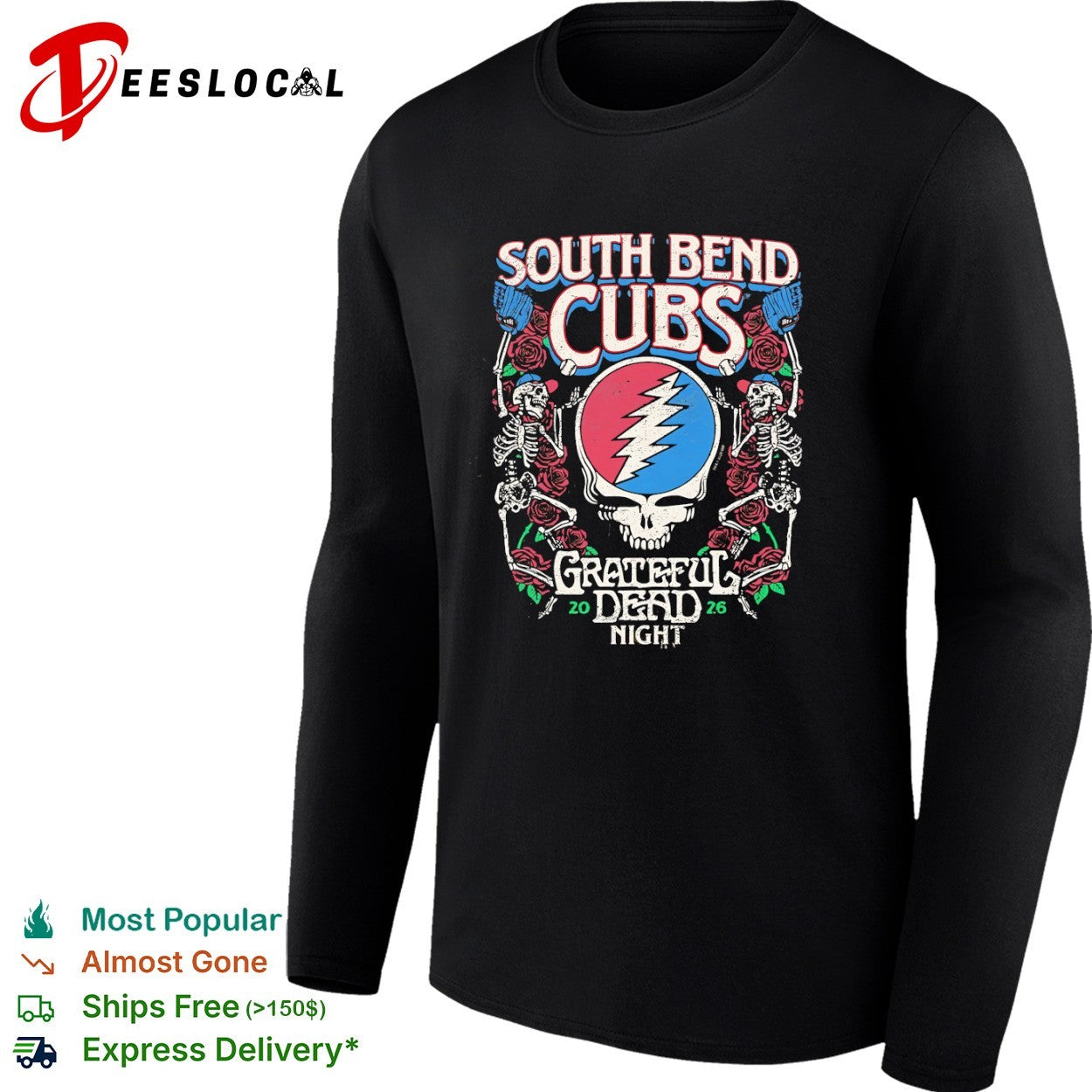 South Bend Cubs Grateful Dead Night 2026 Steal Your Face Baseball Skeleton shirt