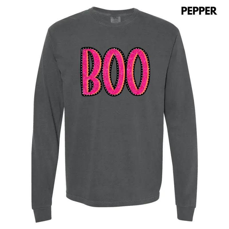 Sparkle Pink Boo FAKE GLITTER Long Sleeve Comfort Colors T-Shirt Hoodie, Sweatshirt | CiraTrend.com