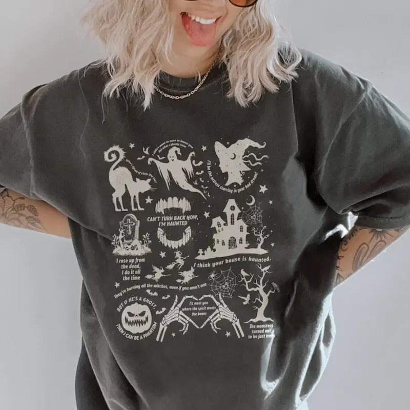 Spooky Halloween Crewneck Sweatshirt, Swift Lyrics Collage with Halloween Symbols & Lyrics, Cozy Swiftie Fall Apparel,...