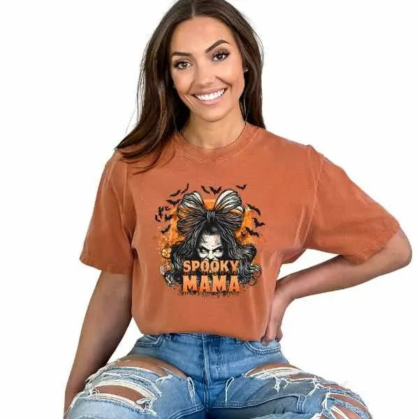 Spooky Mama Short Sleeve Cewneck T-Shirt for Women, Trendy Fall Everyday Womenswear Style, Casual Autumn T Shirt, Comfort...