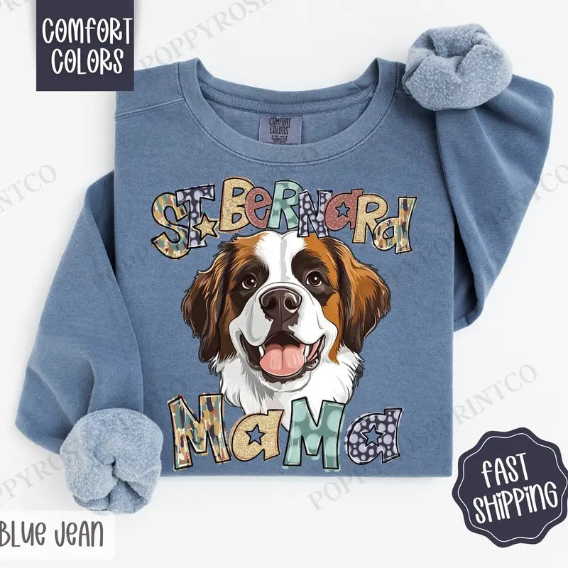 St. Bernard Mama Comfort Colors Sweatshirt, Mama Women's Crewneck, Cute Dog Mom Women's Sweater T-Shirts, Hoodie