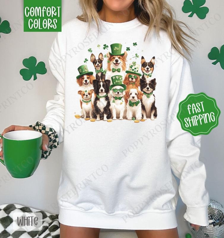 St Patrick Dogs Comfort Colors Sweatshirt, St Patrick's Day Dog Women's Crewneck, Cute Women's Sweater, Dog Lover Sweater...