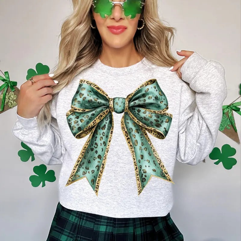 St Patricks Day Green Bow Clipart Leopard Print Ribbon Gold Accents Coquette Style Instant For St Patrick's s T-Shirts,...