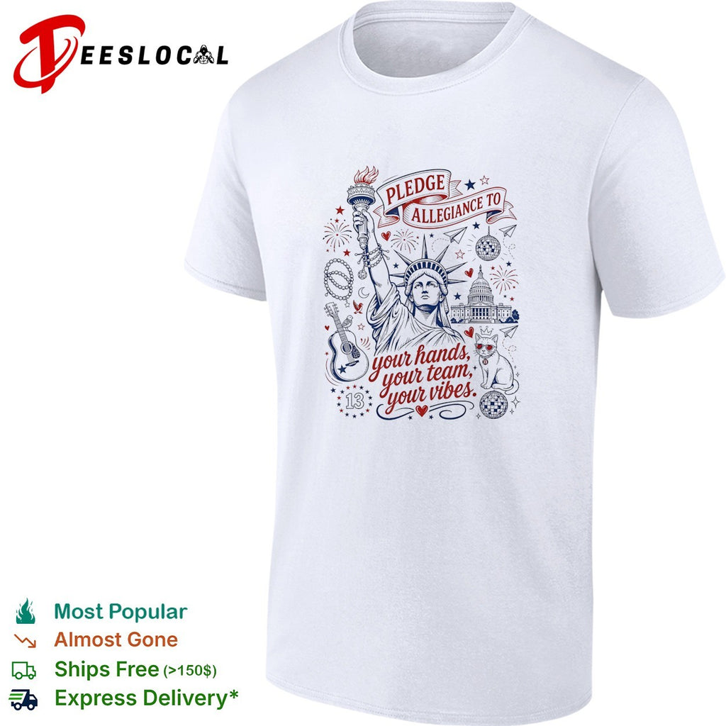 Statue of Liberty pledge allegiance crescent moon star white shirt