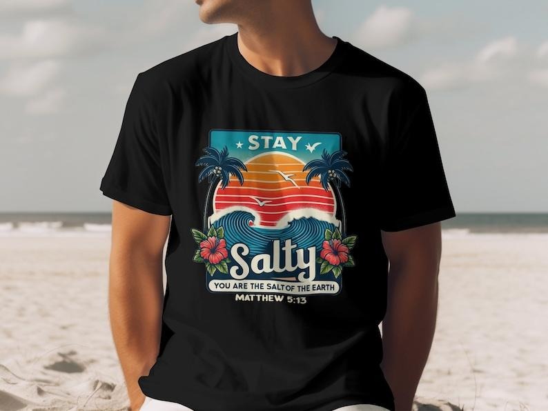 Stay Salty Christian Quote T-Shirt, Matthew 5:13 Bible Verse, Tropical Sunset and Waves Design, Long Sleeve, Hoodie style...