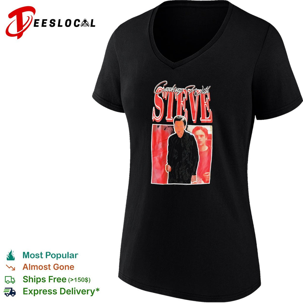 Steve cooking with man portrait shirt