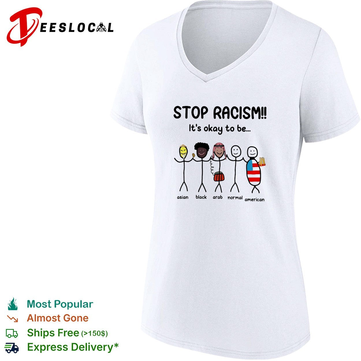 Stop racism it’s okay to be asian black arab normal american stick figures shirt
