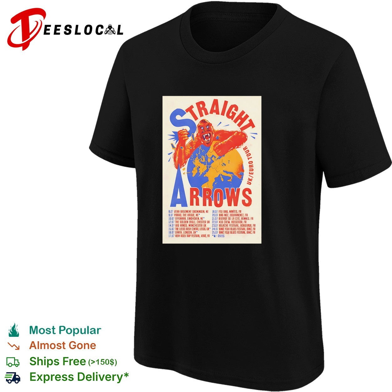 Straight Arrows UK Euro tour gorilla map vintage shirt