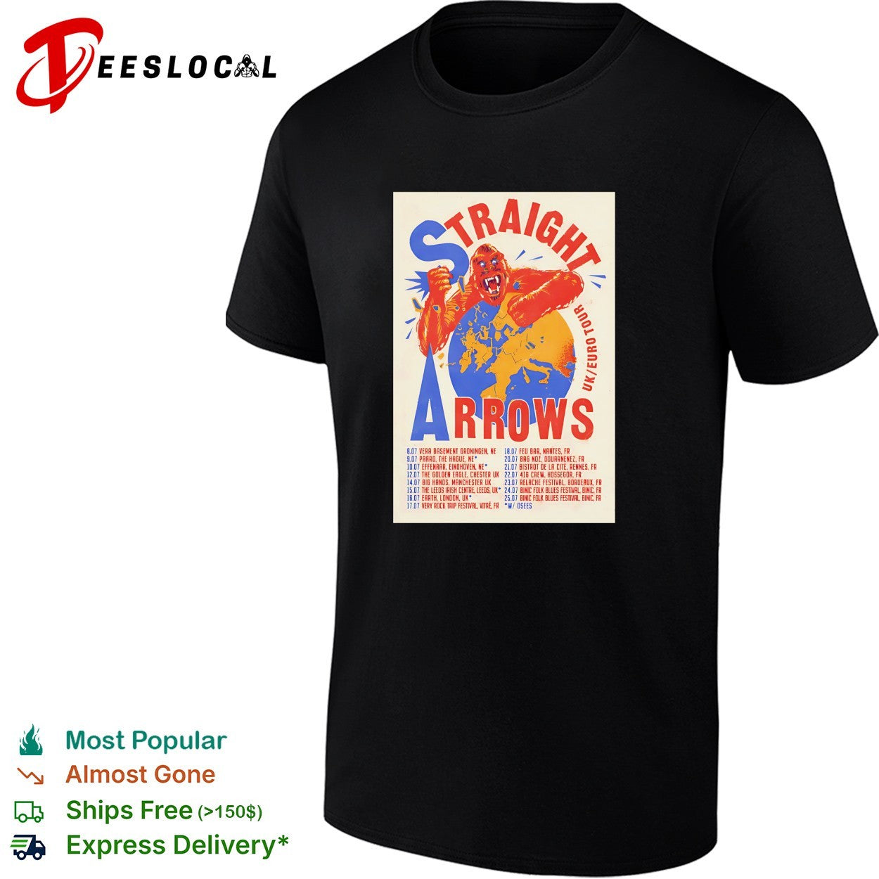 Straight Arrows UK Euro tour gorilla map vintage shirt