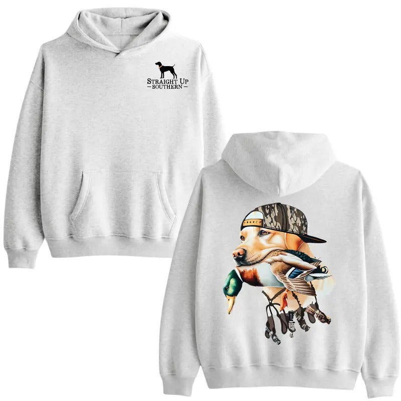 Straight Up Southern Hoodie - Bold Black Hunting Dog with Duck Graphic, Perfect for Outdoorsmen and Waterfowl Hunters,...