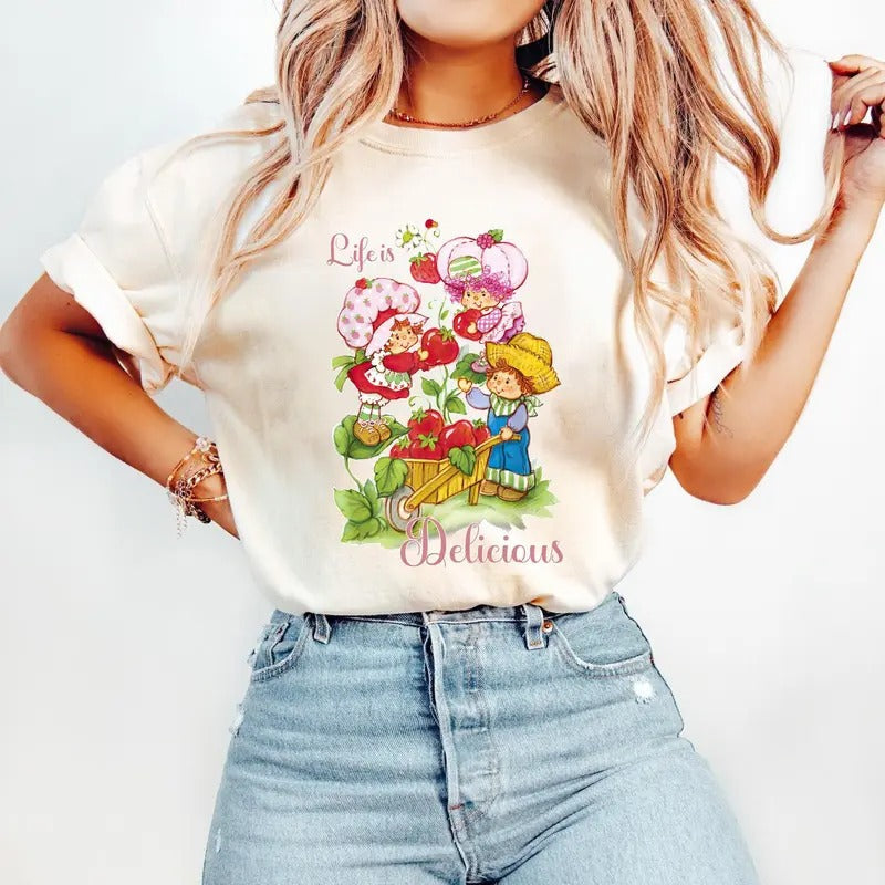Strawberry Shortcake Girl Life Is Delicious Shirt, y2k clothing Streetwear Womenswear Comfort Top Cotton Hoodie, Sweatshirt