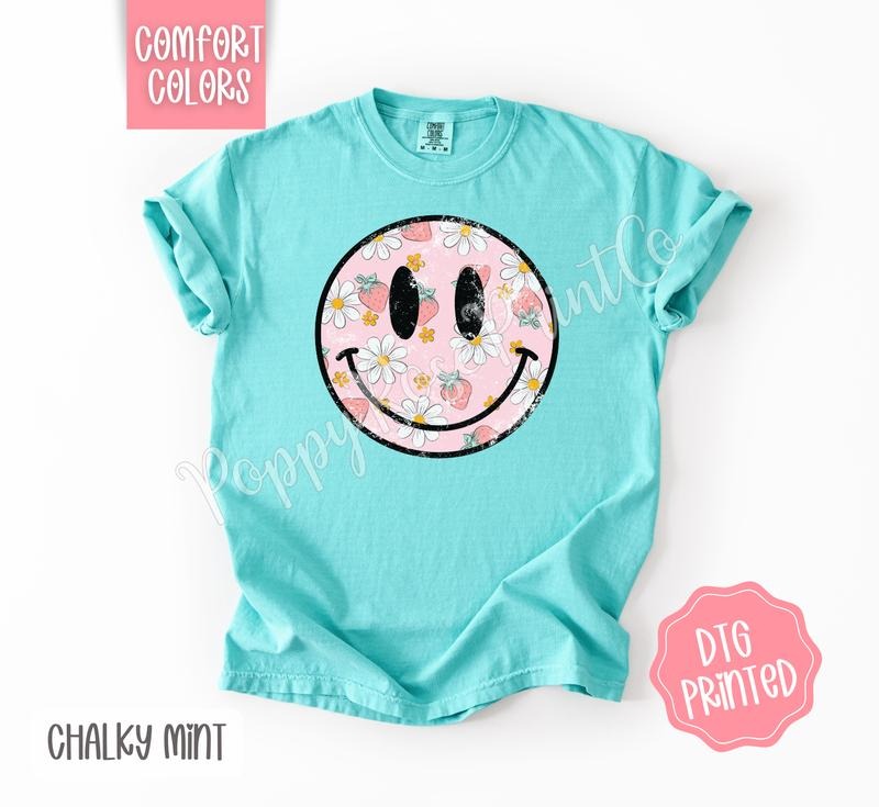 Strawberry Smiley Comfort Colors Shirt, Cute Floral Happy Face Tshirt, Trendy Summer Tee, Gift for Her