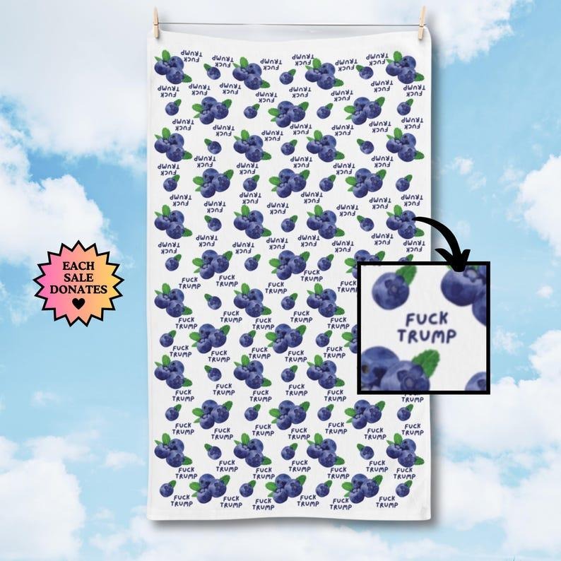 Subtle F*ck Trump Hand Towel, Funny Political Home Decor, Blueberries Kitchen Towel, Blueberry Home Decor, Liberal Gag...