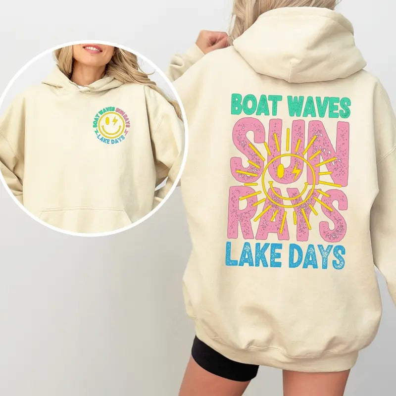 Sun Rays Hoodie, Summer Shirt, Boat Waves & Beach Days, Casual Vacation Wear, Unisex Cotton Tee Sweatshirt | CiraTrend.com
